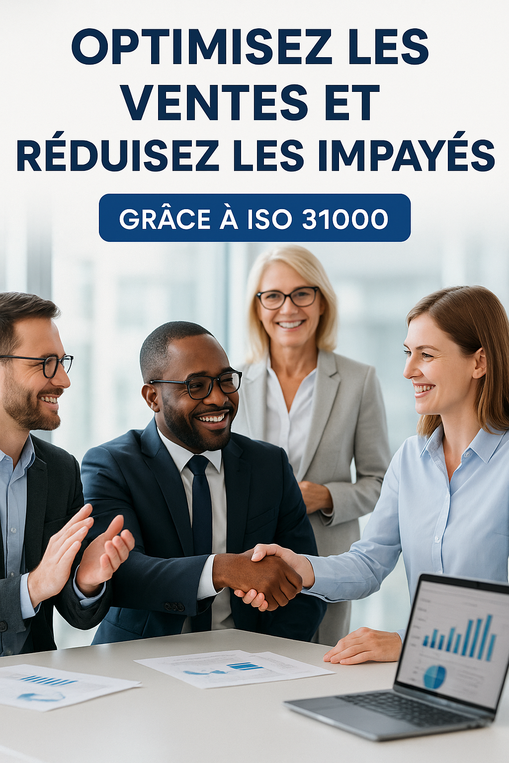 voici mon séminaire, je veux que tu me gérère un visuel professionnel avec des personnages rééls qui met en avant l'optimisation des ventes et la réduction des impayés grace à iso 31000 , mais ne surchage pas l'affiche avec beaucoup d'écriture, tu mets en avant la promesse avec une image attrayante et corporate sans surcharger d'écriture . OBJECTIFS VISES : Aider les entreprises à sécuriser leurs ventes et à réduire leurs impayés en appliquant ISO 31000 et la méthodologie RBSF© de fofomentor.com, adaptée aux contextes européens et africains, pour transformer le risque client en levier stratégique de croissance. Ce séminaire s’adresse à tous ceux qui veulent transformer leur manière de vendre : dirigeants, commerciaux, financiers, entrepreneurs. Ensemble, nous allons apprendre à passer de la logique chiffre d’affaires signé à la logique chiffre d’affaires encaissé, grâce à ISO 31000 et au RBSF©. 🌍 POUR QUI ? Dirigeants de PME et ETI Directeurs commerciaux & Responsables des ventes Risk managers et directeurs financiers (DAF) Entrepreneurs et startups africaines Consultants & formateurs PROGRAMMATION : 1 session de 4 heures par semaine sur 4 semaines  (ISO 31000 + RBSF© + cas pratiques). Bilan de mise en œuvre à l'ouverture de chaque session hebdomadaire.  NOMBRE DE PARTICIPANTS PAR COHORTE : 10 participants au maximum par cohorte. PROGRAMME SOMMAIRE DU SEMINAIRE : Ouverture et mise en contexte Module 1 - Comprendre les risques clients Module 2 - Appliquer ISO 31000 aux ventes Module 3 - Introduction la méthodologie RBSF (une méthodologie unique d'évaluation des besoins clients mise en place par FoFoMentor) Module 4 - Outils et bonnes pratiques Module 5 - Approche sectorielle & cas pratiques Module 6 - Résilience et perspectives Clôture , synthèse & engagement 🎁 BONUS PEDAGOGIQUES   Quiz interactifs à chaque module. Études de cas comparatives Europe / Afrique. Espace Q&A pour traiter les problématiques spécifiques des participants. Accès à un kit digital avec les modèles Word/PDF prêts à l’emploi. 👨‍💼A PROPOS DE L'ANIMATEUR  Prosper Ifédé ALAGBE est expert en gouvernance des risques et conformité avec plus de 18 ans d’expérience en Europe et en Afrique. Certifié Senior Lead Risk Manager ISO 31000, il a accompagné de grandes institutions financières dans la mise en place de dispositifs stratégiques de gestion des risques et de certifications ISO. Entrepreneur engagé, il est fondateur de FoFoMentor.com, plateforme dédiée à la formation et à l’accompagnement entrepreneurial, du Réseau 2i-Afrique pour les initiatives industrielles en Afrique, et de la startup Kaiidem Logistique & Solutions, qui accompagne les e-commerçants africains. Il est également le concepteur du RBSF© (Risk-Based Selling Framework), une méthodologie innovante qui applique ISO 31000 à la fonction commerciale pour aider les entreprises à sécuriser leurs ventes et transformer le risque client en levier de croissance. 🎯 Dans ce séminaire, il partage son expertise et son expérience de terrain pour donner aux dirigeants et commerciaux des outils concrets, adaptés aux contextes européen et africain.